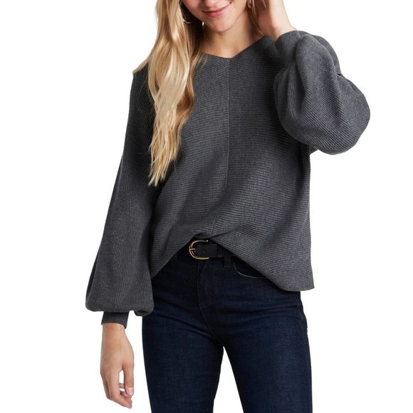 1. State Sweaters - 1.STATE Rib Knit Bubble Balloon Sleeve V Neck Sweater